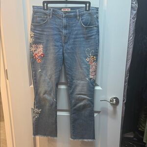 Johnny Was Denim Straight-Leg Jeans with Floral Embroidery size 30